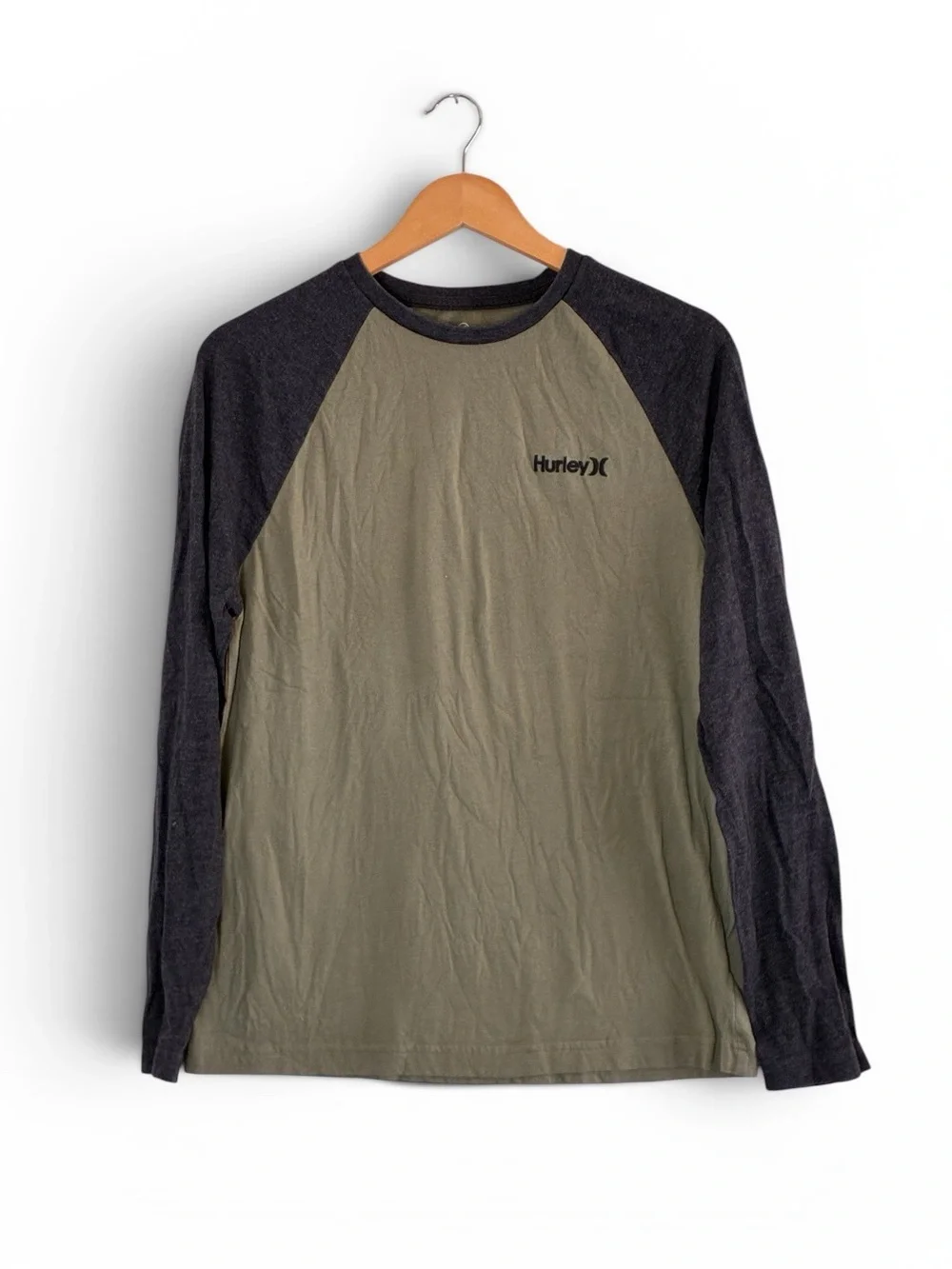 Hurley | Green and gray crew neck cotton blend long sleeve raglan t-shirt small